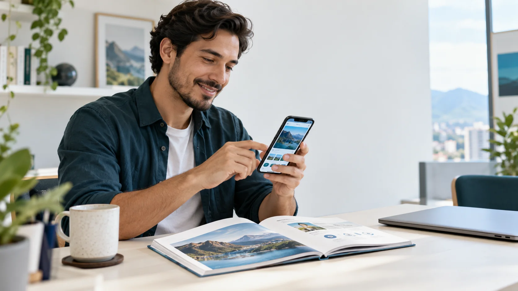 Persona consultando una experiencia digital AppBook en un entorno de trabajo luminoso