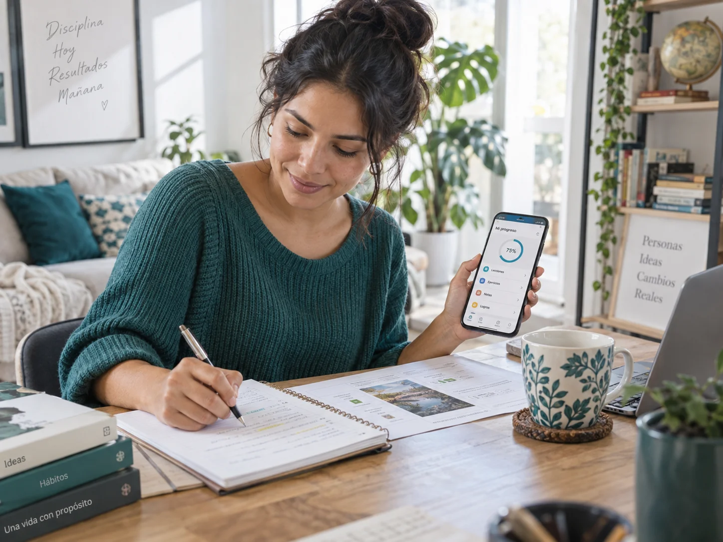 Persona aprendiendo y trabajando con una experiencia digital en un entorno cotidiano